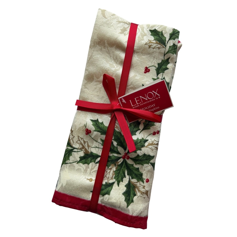 New Lenox Holiday Napkins Set of 4 Ivory Green Red Holly Damask Christmas